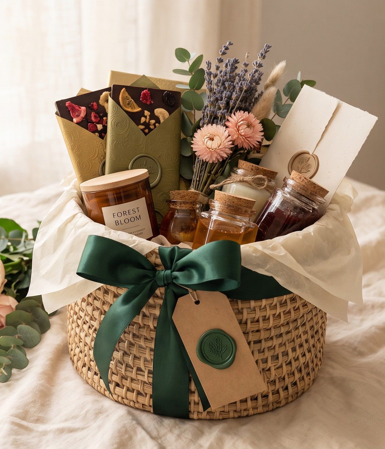 Wicker gift hamper with an evergreen satin bow, jars, chocolate and pink roses