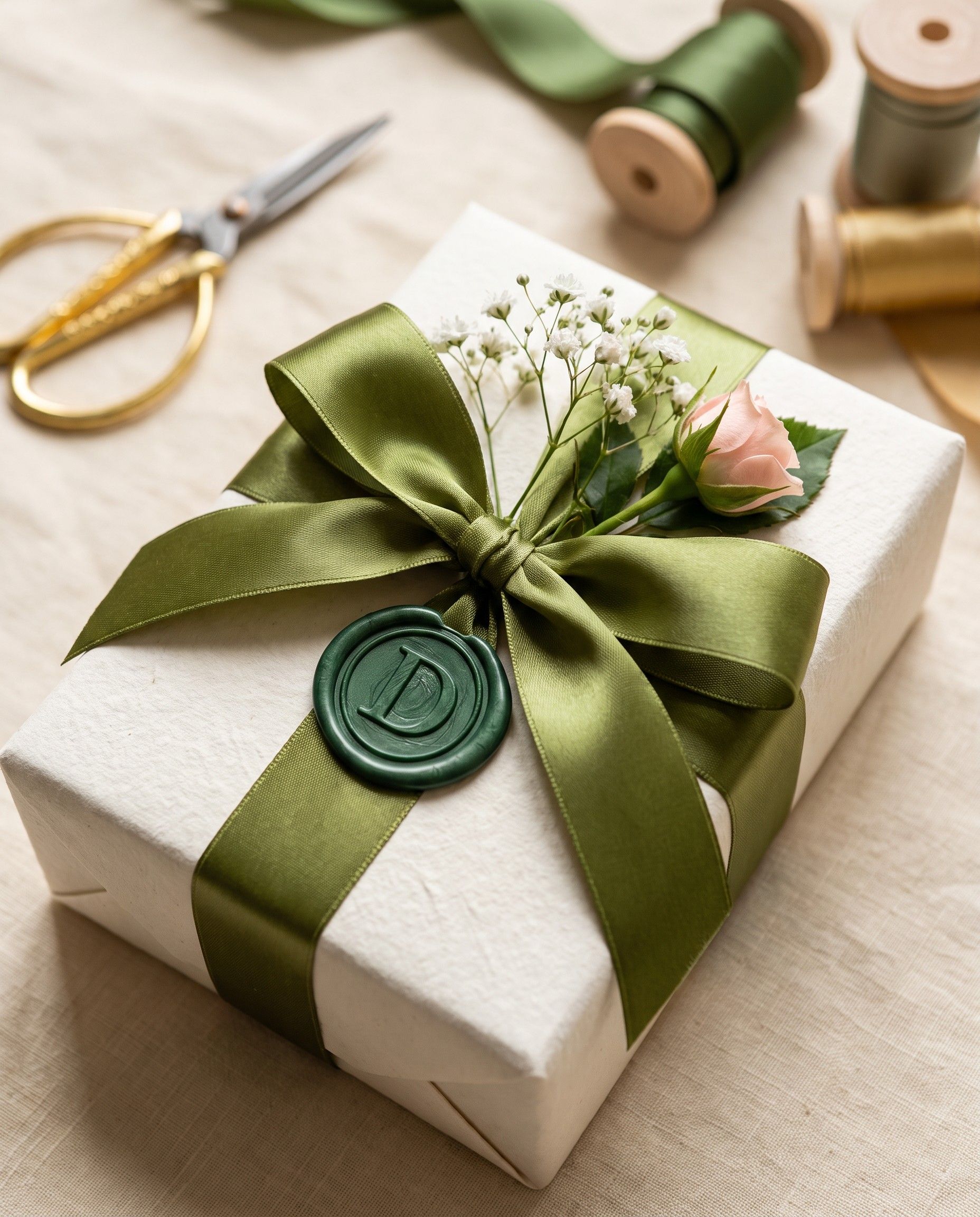 White gift box tied with olive satin ribbon and sealed with an evergreen wax seal